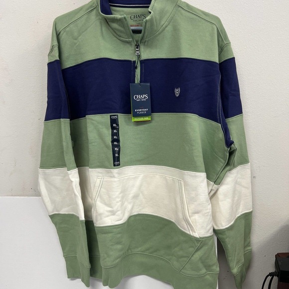 Chaps pullover old school striped colors mens XL Green Navy Everyday Fleece - Picture 1 of 13